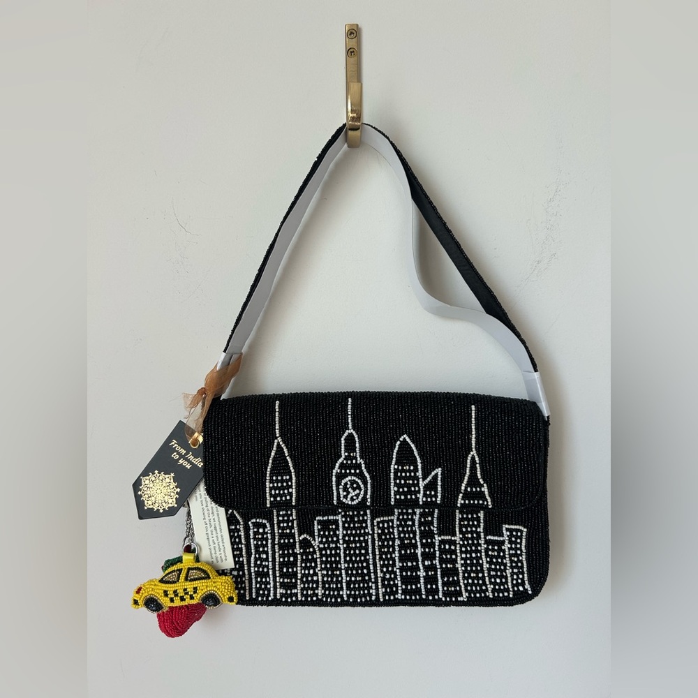 Beaded black New York City Skyline Shoulder bag with taxi beaded charms